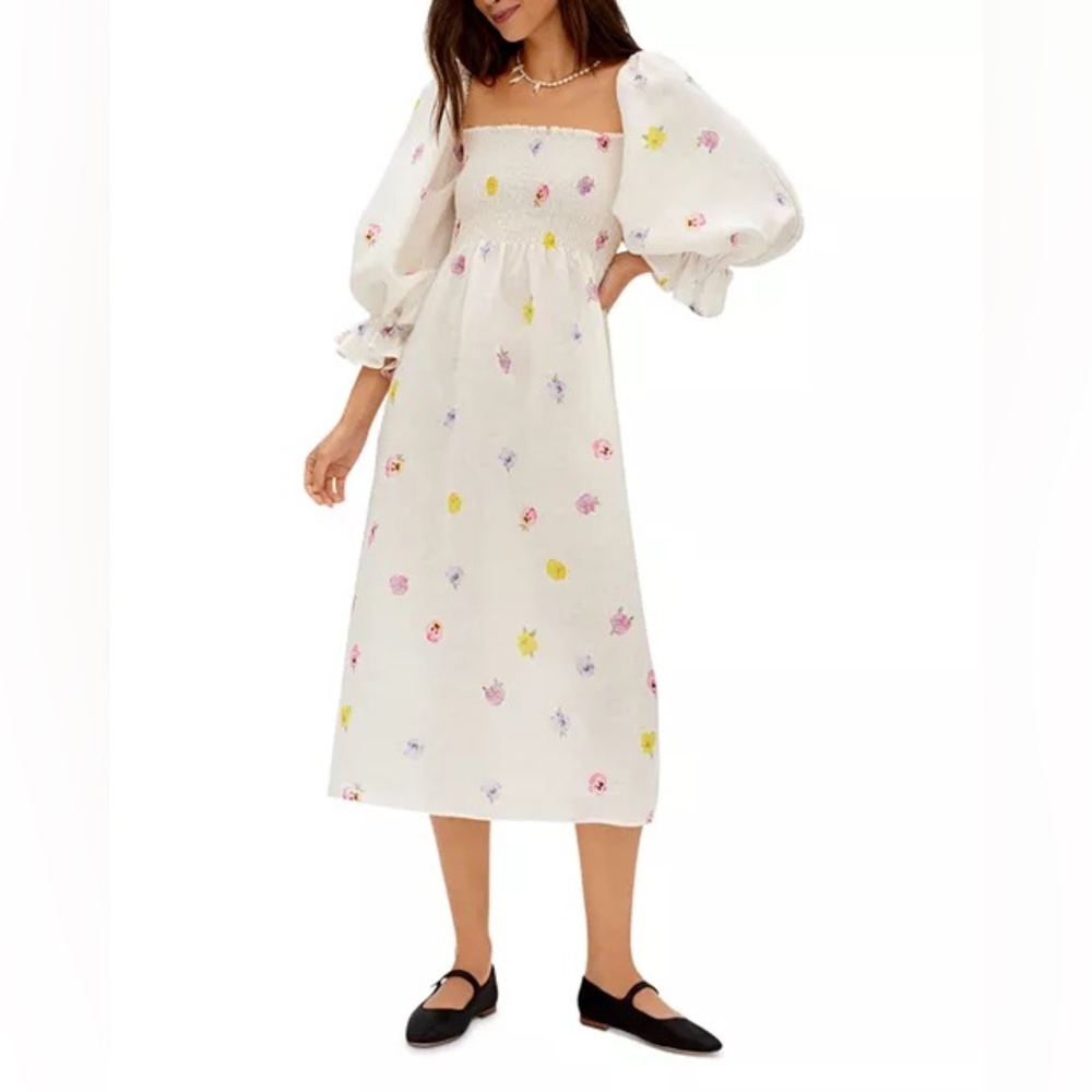 Sleeper Atlanta Pansies Smocked Bodice Midi Dress - Picture 2 of 14